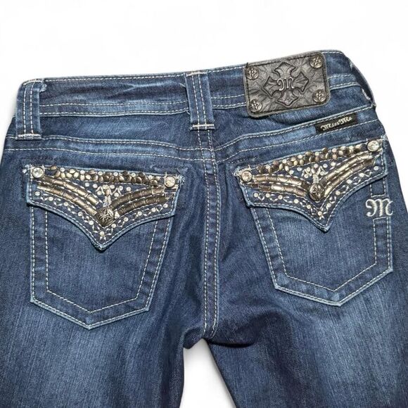 Miss Me JP5489B2 bootcut dark wash low rise embellished flap pocket jeans Sz 26 - Picture 5 of 8